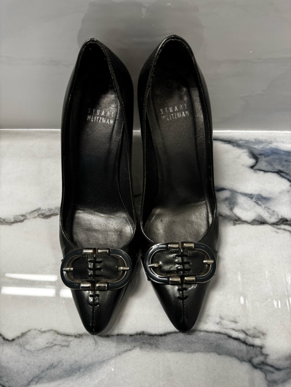 Stuart Weitzman Steel Blue Pointed Toe Pumps with Buckle Accent